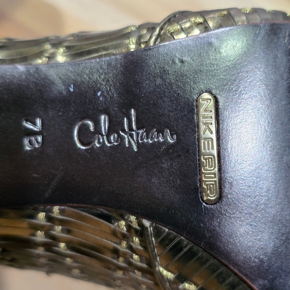Cole Haan NikeAir Gold Woven Peep Toe Heels Dress Shoes‎ Leather Sole Size 7B - Picture 5 of 16
